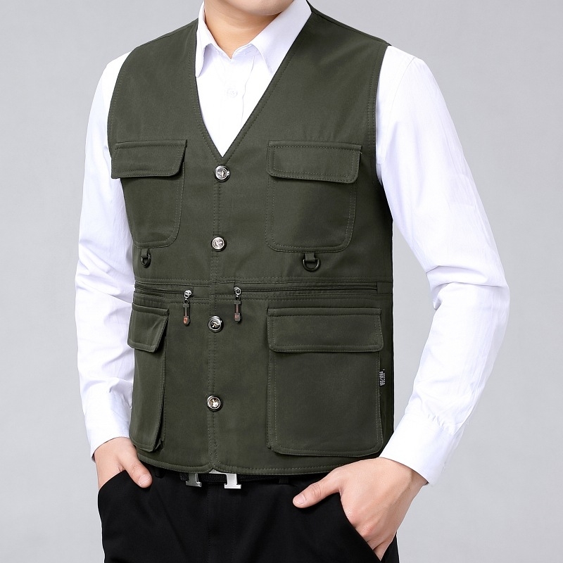 Pánska vesta na fotografovanie v prírode – ľahká letná, s viacerými vreckami, zmes polyesteru, bez goliera, zapínanie na jeden rad gombíkov