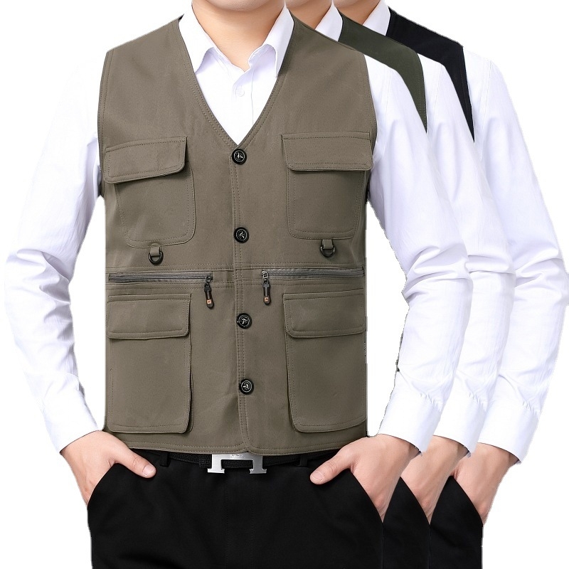 Pánska vesta na fotografovanie v prírode – ľahká letná, s viacerými vreckami, zmes polyesteru, bez goliera, zapínanie na jeden rad gombíkov
