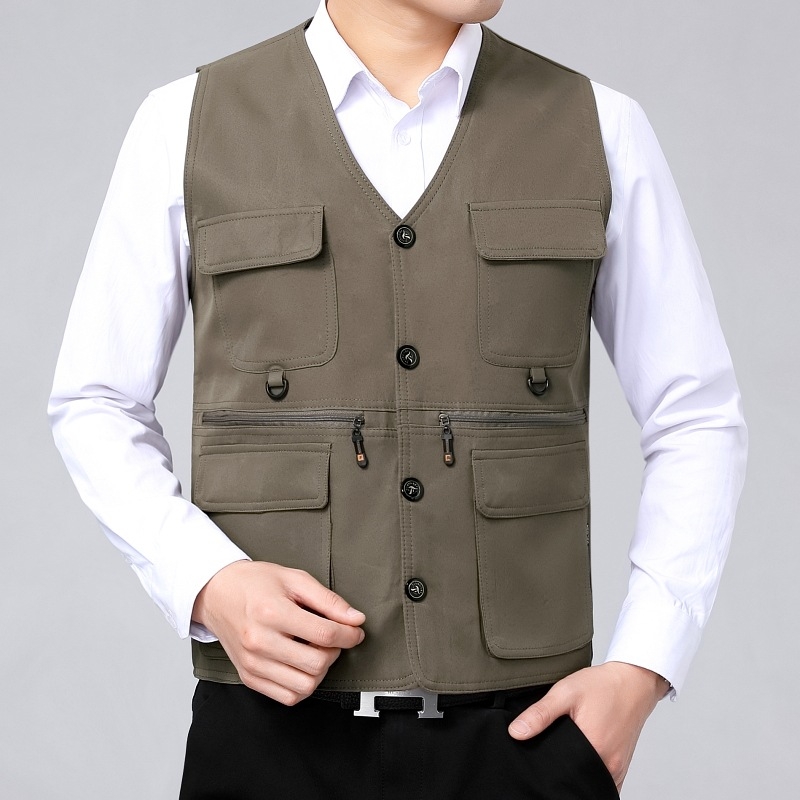 Pánska vesta na fotografovanie v prírode – ľahká letná, s viacerými vreckami, zmes polyesteru, bez goliera, zapínanie na jeden rad gombíkov