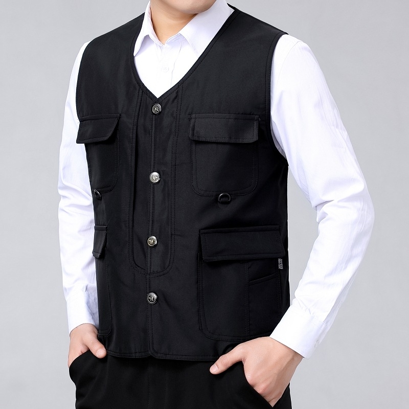 Pánska vesta na fotografovanie v prírode – ľahká letná, s viacerými vreckami, zmes polyesteru, bez goliera, zapínanie na jeden rad gombíkov