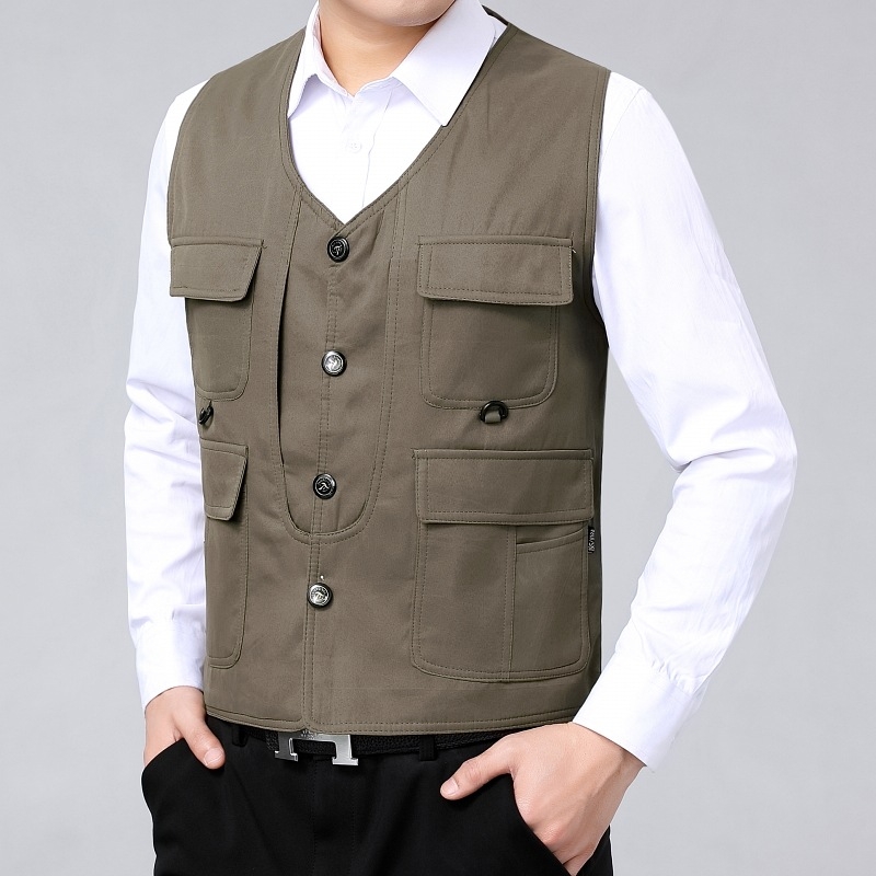 Pánska vesta na fotografovanie v prírode – ľahká letná, s viacerými vreckami, zmes polyesteru, bez goliera, zapínanie na jeden rad gombíkov