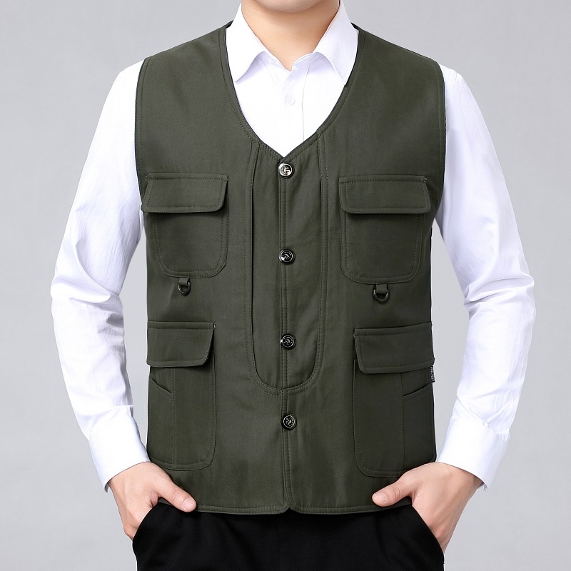 Pánska vesta na fotografovanie v prírode – ľahká letná, s viacerými vreckami, zmes polyesteru, bez goliera, zapínanie na jeden rad gombíkov