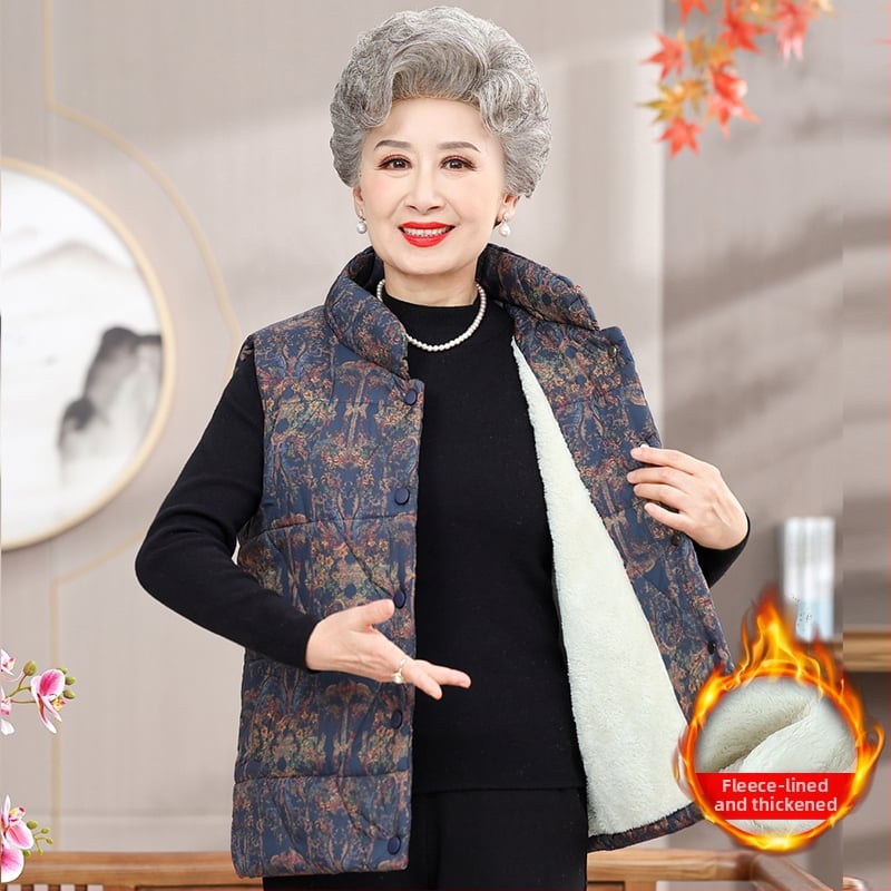 Vestă fără mâneci pentru femei în vârstă, toamnă 2025 – guler înalt, material PVC, culoare uni, stil chinezesc