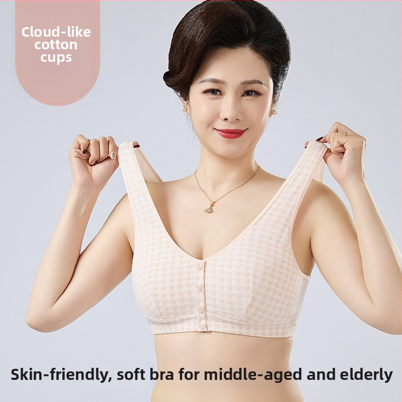 Vesto stiliaus liemenėlė vidutinio amžiaus ir vyresnėms moterims, kvėpuojanti medvilnė, pilnos taurės su plonais formuojamais taurėjais, priekinis segtukas užsegimas, fiksuoti dvigubi pečių dirželiai