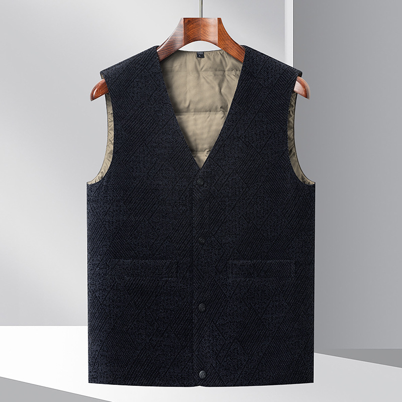 Vesta de iarnă pentru bărbați, umplutură din puf de gâscă 91-95%, izolație groasă, guler în V, fermoar frontal, buzunare frontale