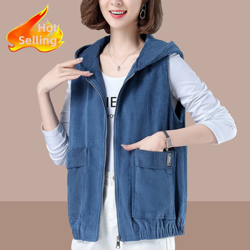 Dámska vesta z kordurovej látky s kapucňou, voľný strih, polyester ≥95%, jar 2024