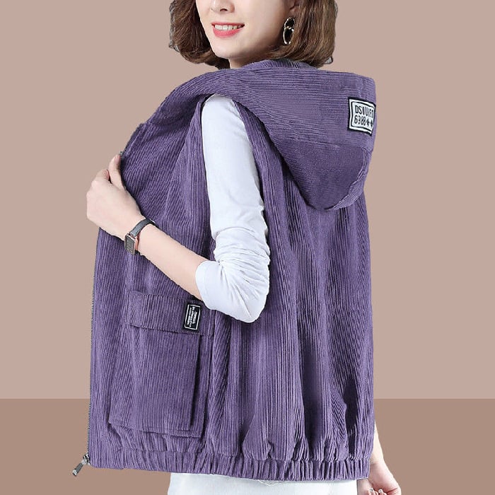 Dámska vesta z kordurovej látky s kapucňou, voľný strih, polyester ≥95%, jar 2024