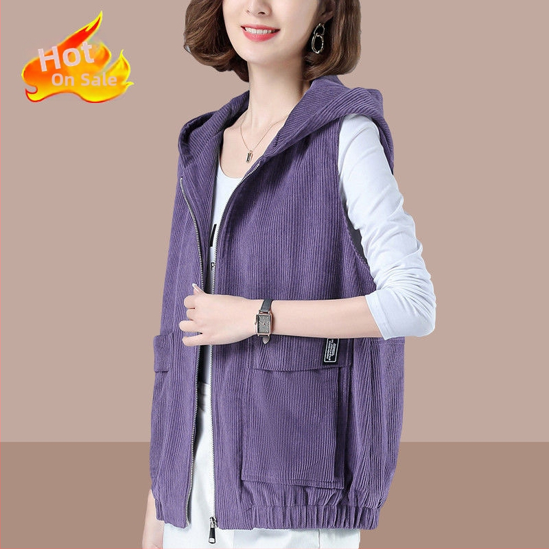 Dámska vesta z kordurovej látky s kapucňou, voľný strih, polyester ≥95%, jar 2024