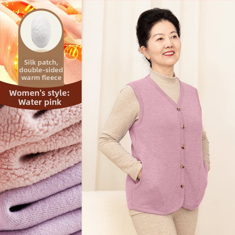 Vestă cu încălzire automată pentru adulți — căptușeală din fleece de miel, poliester 90–95%, elastan până la 30%, culoare solidă, lungime medie