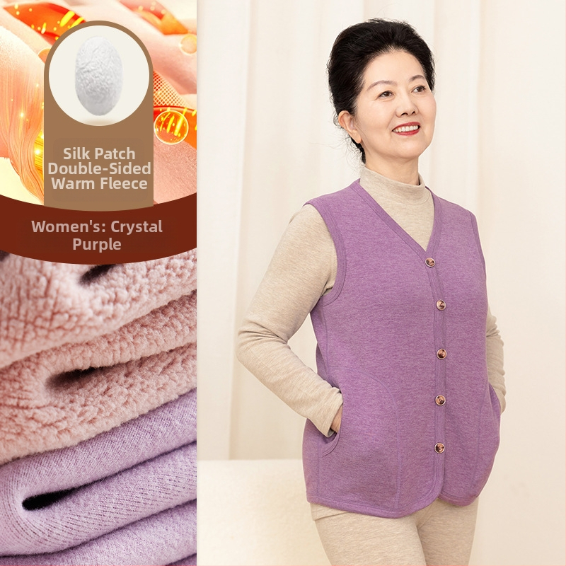 Vestă cu încălzire automată pentru adulți — căptușeală din fleece de miel, poliester 90–95%, elastan până la 30%, culoare solidă, lungime medie