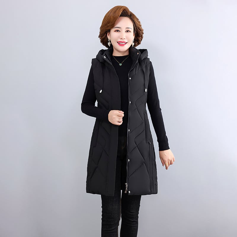 Női kapucnis bélelt mellény középhosszú, egyszínű, poliészter anyagú