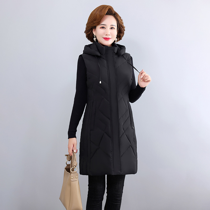 Női kapucnis bélelt mellény középhosszú, egyszínű, poliészter anyagú