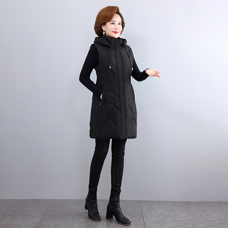 Női kapucnis bélelt mellény középhosszú, egyszínű, poliészter anyagú