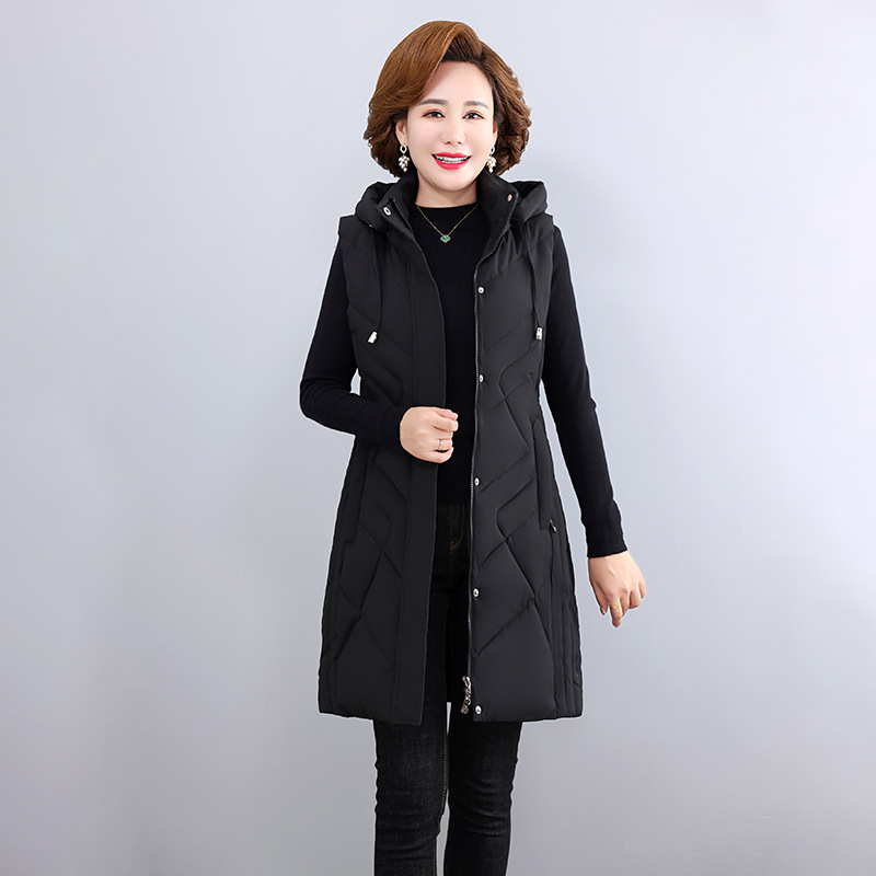 Női kapucnis bélelt mellény középhosszú, egyszínű, poliészter anyagú