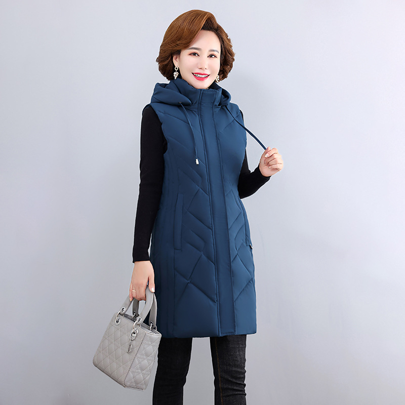 Női kapucnis bélelt mellény középhosszú, egyszínű, poliészter anyagú