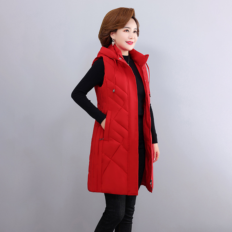 Női kapucnis bélelt mellény középhosszú, egyszínű, poliészter anyagú