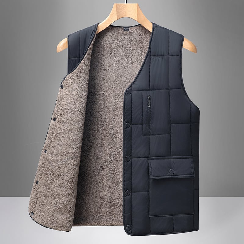 Мъжки дебел флийсов жилет с множество джобове, V-образно деколте, тясна кройка, едноредово закопчаване