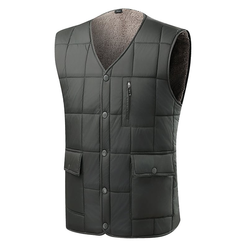Мъжки дебел флийсов жилет с множество джобове, V-образно деколте, тясна кройка, едноредово закопчаване