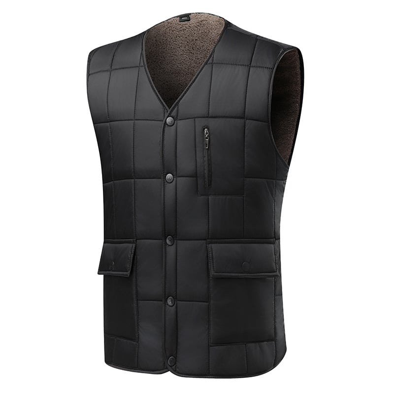 Мъжки дебел флийсов жилет с множество джобове, V-образно деколте, тясна кройка, едноредово закопчаване