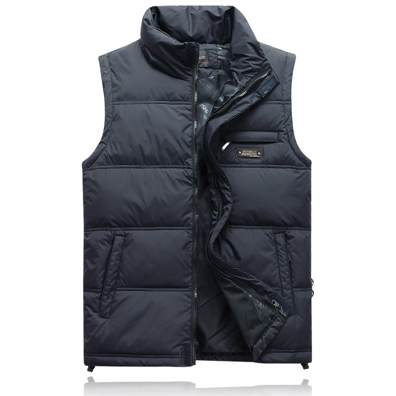 Muški slim-fit puffer vest sa stojećim ovratnikom, zatvaračem i višestrukim džepovima, zimska upotreba