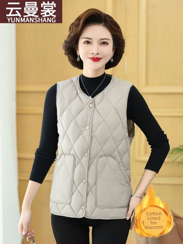 Vesta-jachetă din poliester pentru femei de vârstă mijlocie și în vârstă, guler rotund, stil casual, lungime normală 50–65 cm