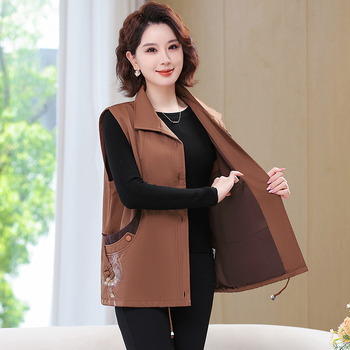 Toamnă 2025, vestă în stil coreean pentru femei de vârstă mijlocie și în vârstă, model solid cu broderie, lungime medie, din amestec de bumbac și poliester