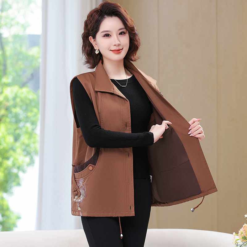 Toamnă 2025, vestă în stil coreean pentru femei de vârstă mijlocie și în vârstă, model solid cu broderie, lungime medie, din amestec de bumbac și poliester