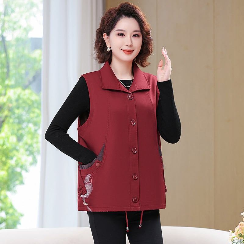 Toamnă 2025, vestă în stil coreean pentru femei de vârstă mijlocie și în vârstă, model solid cu broderie, lungime medie, din amestec de bumbac și poliester