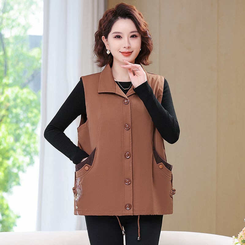 Toamnă 2025, vestă în stil coreean pentru femei de vârstă mijlocie și în vârstă, model solid cu broderie, lungime medie, din amestec de bumbac și poliester