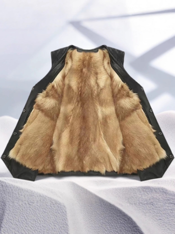 Pravá hovädzia koža s kožušinovou podšívkou, cardigan vesta s V-krkom, úzky strih, vrecká s patchami