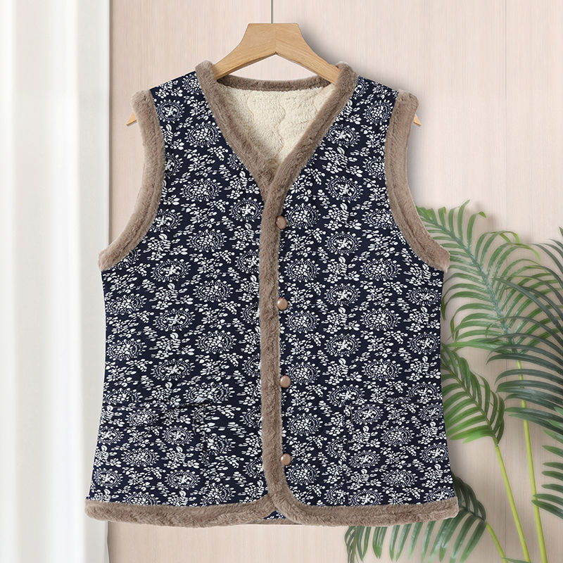 Vestă din corduroy cu blană de iepure, imprimeu floral, lungime medie, exterior de toamnă-iarnă