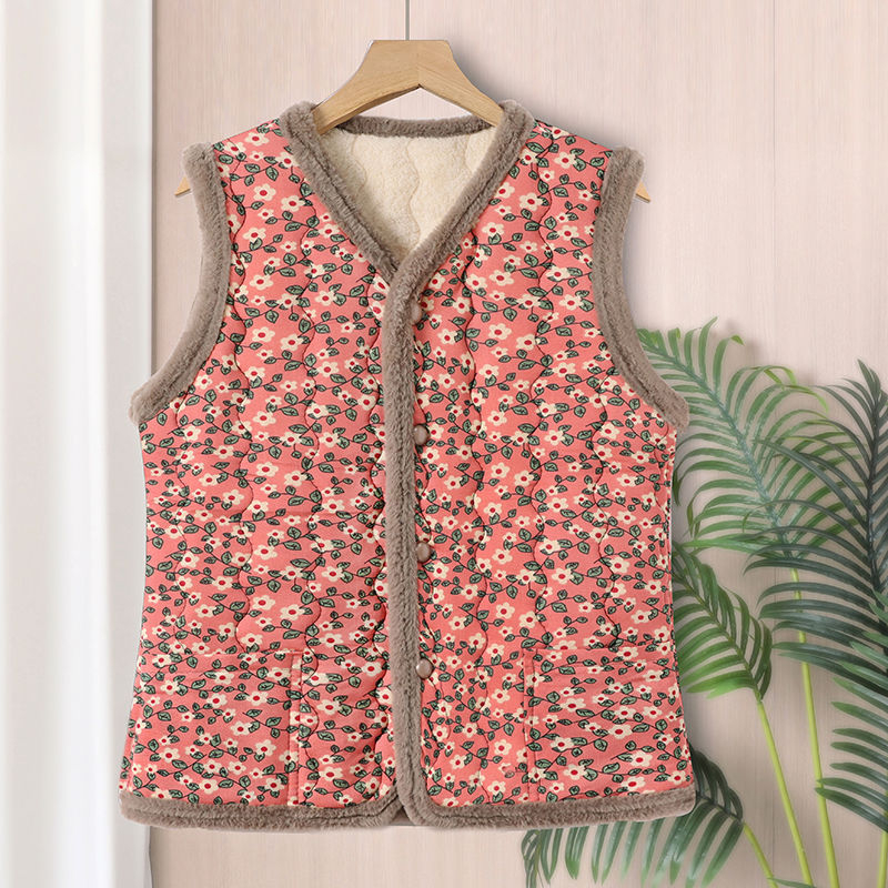 Vestă din corduroy cu blană de iepure, imprimeu floral, lungime medie, exterior de toamnă-iarnă