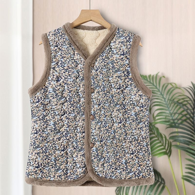 Vestă din corduroy cu blană de iepure, imprimeu floral, lungime medie, exterior de toamnă-iarnă