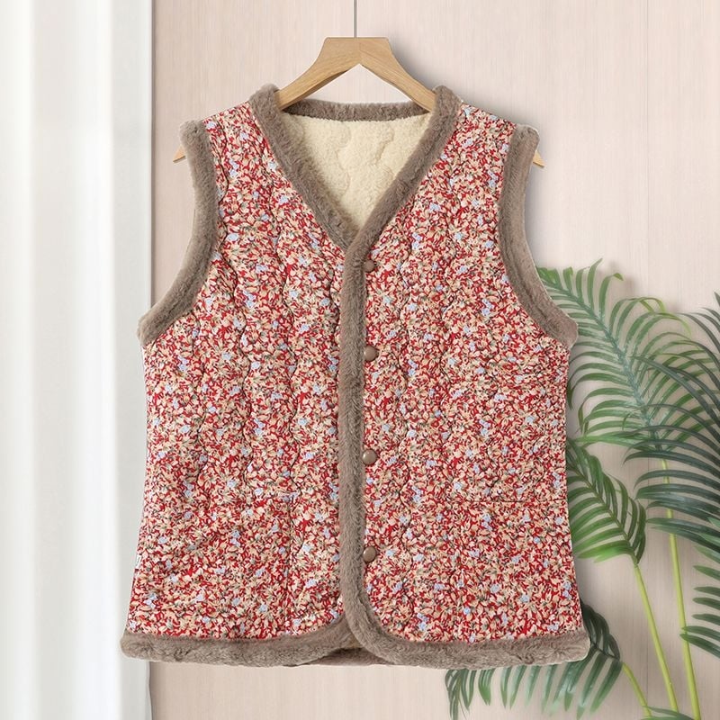 Vestă din corduroy cu blană de iepure, imprimeu floral, lungime medie, exterior de toamnă-iarnă