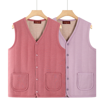 Vesta casual pentru femei în vârstă, poliester gros (>95%), căptușită pentru căldură, lungime normală 50–65 cm, stil japanez/coreean lejer.