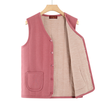 Vesta casual pentru femei în vârstă, poliester gros (>95%), căptușită pentru căldură, lungime normală 50–65 cm, stil japanez/coreean lejer.