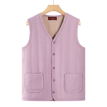 Vesta casual pentru femei în vârstă, poliester gros (>95%), căptușită pentru căldură, lungime normală 50–65 cm, stil japanez/coreean lejer.