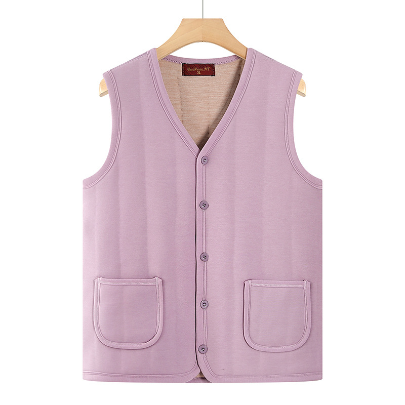 Vesta casual pentru femei în vârstă, poliester gros (>95%), căptușită pentru căldură, lungime normală 50–65 cm, stil japanez/coreean lejer.