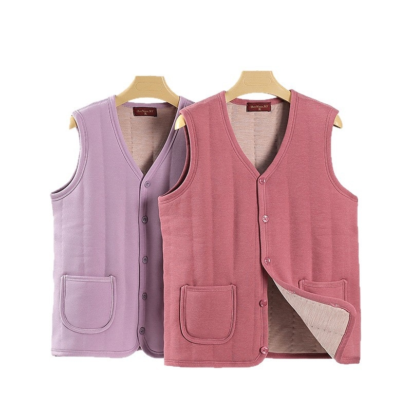 Vesta casual pentru femei în vârstă, poliester gros (>95%), căptușită pentru căldură, lungime normală 50–65 cm, stil japanez/coreean lejer.