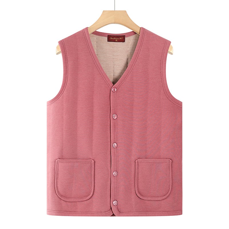 Vesta casual pentru femei în vârstă, poliester gros (>95%), căptușită pentru căldură, lungime normală 50–65 cm, stil japanez/coreean lejer.