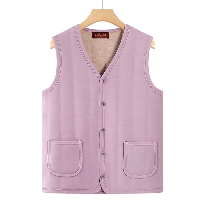 Vesta casual pentru femei în vârstă, poliester gros (>95%), căptușită pentru căldură, lungime normală 50–65 cm, stil japanez/coreean lejer.