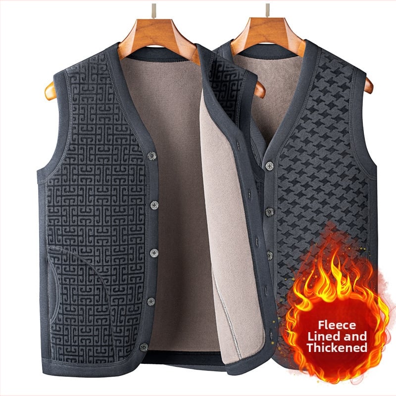 Fleeces vest za muškarce srednje dobi i starije dobi, V izrez, jednostruko zatvaranje, poliester fleece s podstavom od spandeksa, zimska odjeća