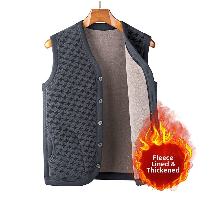 Fleeces vest za muškarce srednje dobi i starije dobi, V izrez, jednostruko zatvaranje, poliester fleece s podstavom od spandeksa, zimska odjeća
