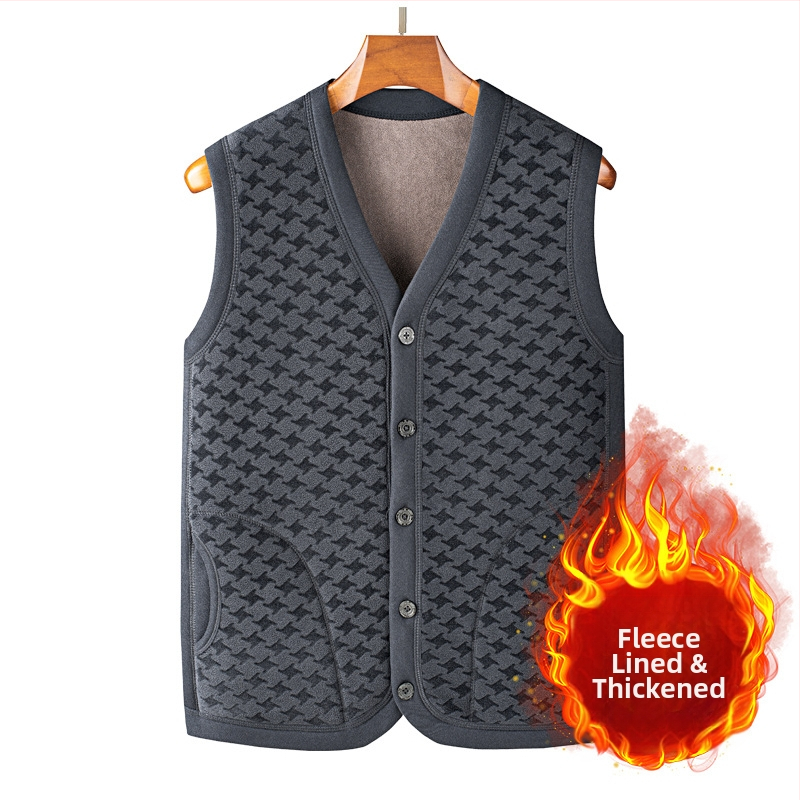 Fleeces vest za muškarce srednje dobi i starije dobi, V izrez, jednostruko zatvaranje, poliester fleece s podstavom od spandeksa, zimska odjeća