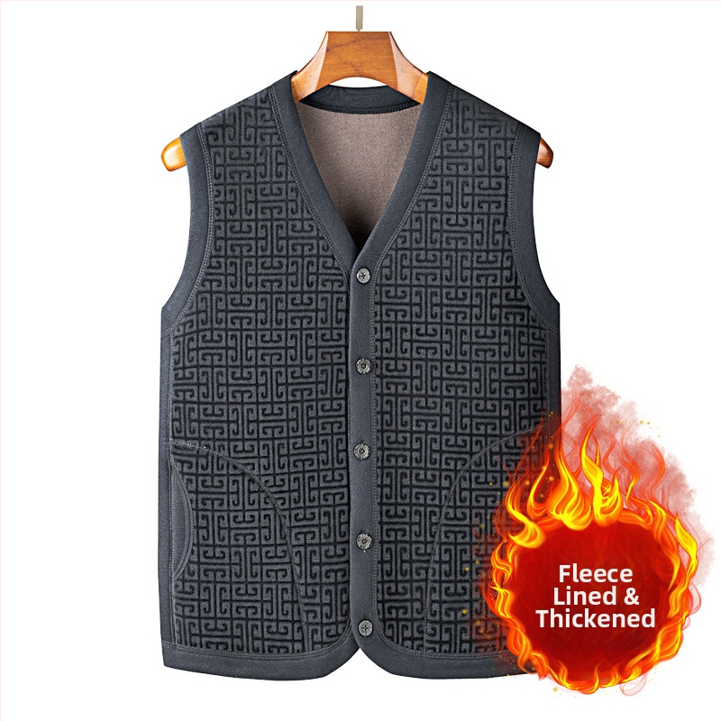 Fleeces vest za muškarce srednje dobi i starije dobi, V izrez, jednostruko zatvaranje, poliester fleece s podstavom od spandeksa, zimska odjeća