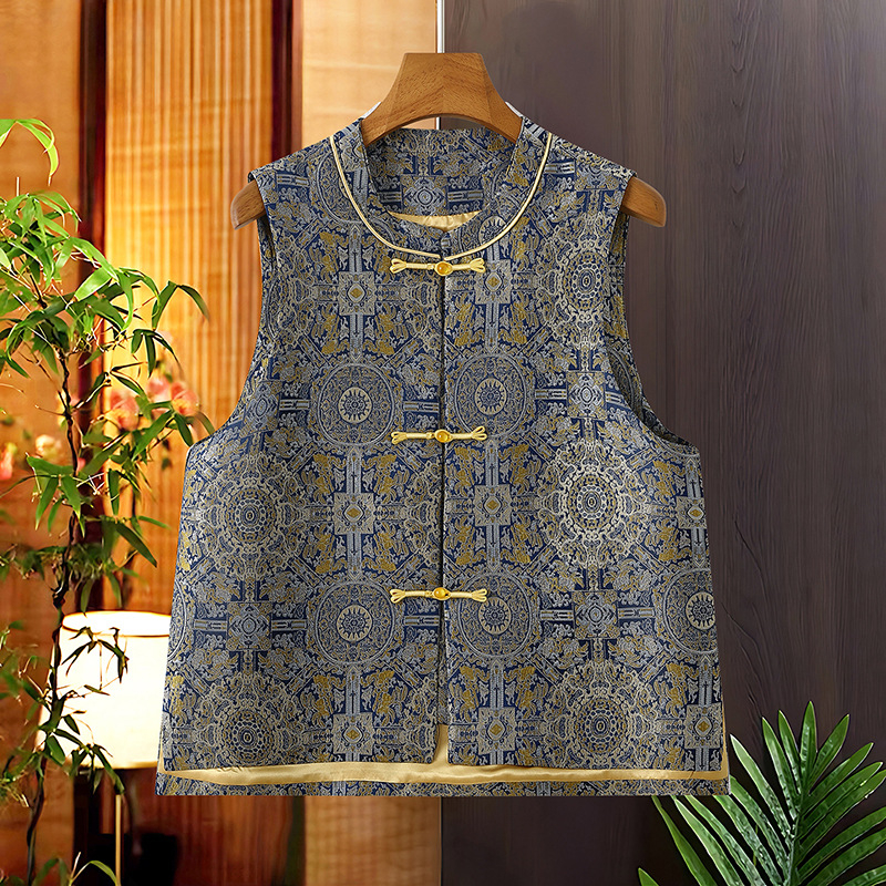 Ženski jesenski vest u kineskom stilu, slobodan kroj, stojeći ovratnik, retro nacionalni stil.