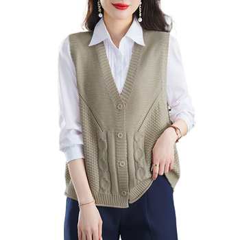 Πλεκτό γιλέκο χωρίς μανίκια – αστικό στυλ, γιακάς με κουμπιά, τρία κουμπιά, πολυεστέρας, μήκος 50–65 εκ.