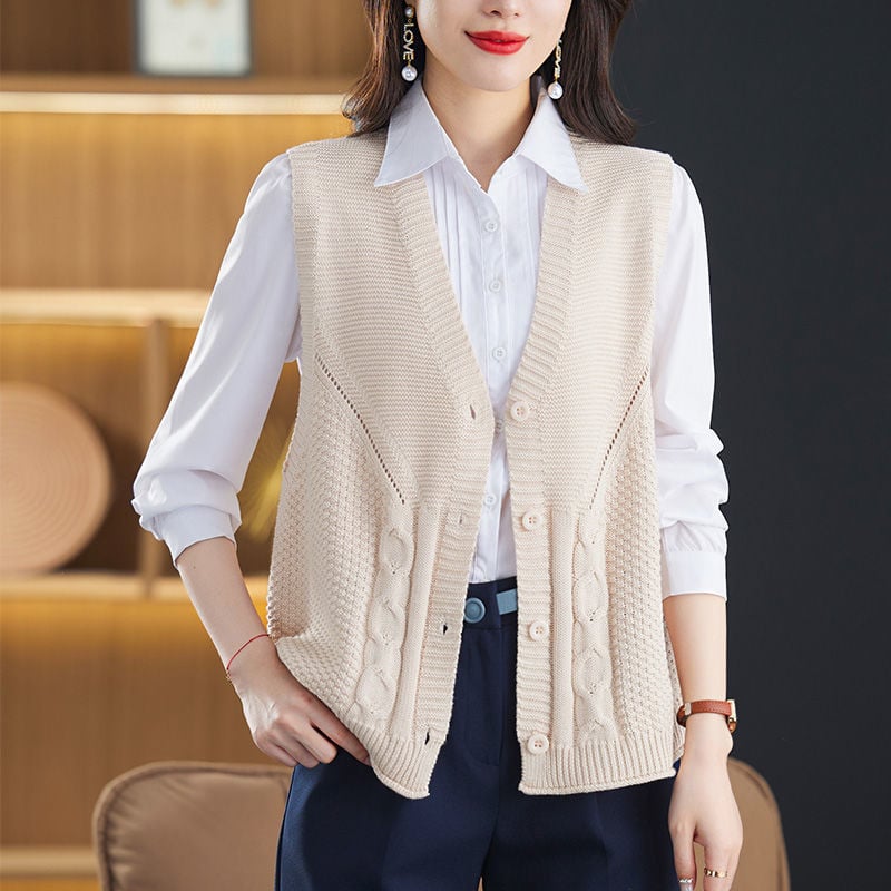 Πλεκτό γιλέκο χωρίς μανίκια – αστικό στυλ, γιακάς με κουμπιά, τρία κουμπιά, πολυεστέρας, μήκος 50–65 εκ.