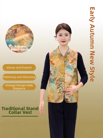 Vestă pentru femei în stil chinezesc, design literar retro, cu cataramă la guler, toamnă 2025, poliester >95%, lungime standard 50–65 cm