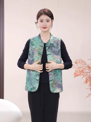 Vestă pentru femei în stil chinezesc, design literar retro, cu cataramă la guler, toamnă 2025, poliester >95%, lungime standard 50–65 cm